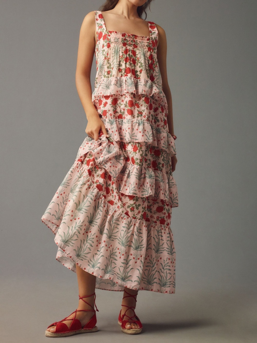 By Anthropologie Sleeveless‎ Square-Neck Tiered Midi Dress Pink Combo Small